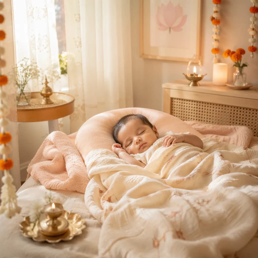A peaceful baby in a soft pastel nursery with gentle Indian-inspired decor.