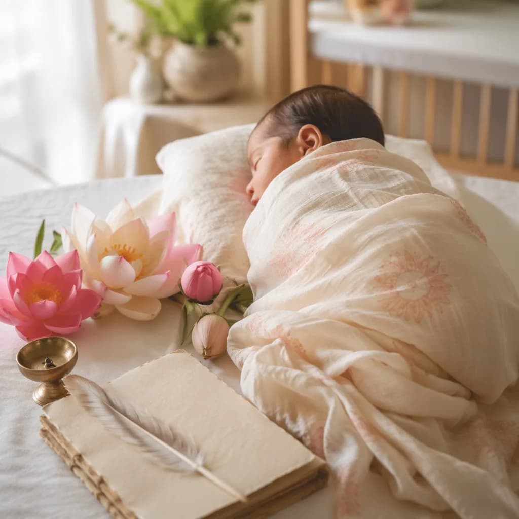 A softly lit nursery scene with a swaddled newborn, lotus flowers, and a blank journal evoking Sanskrit poetry and grace.
