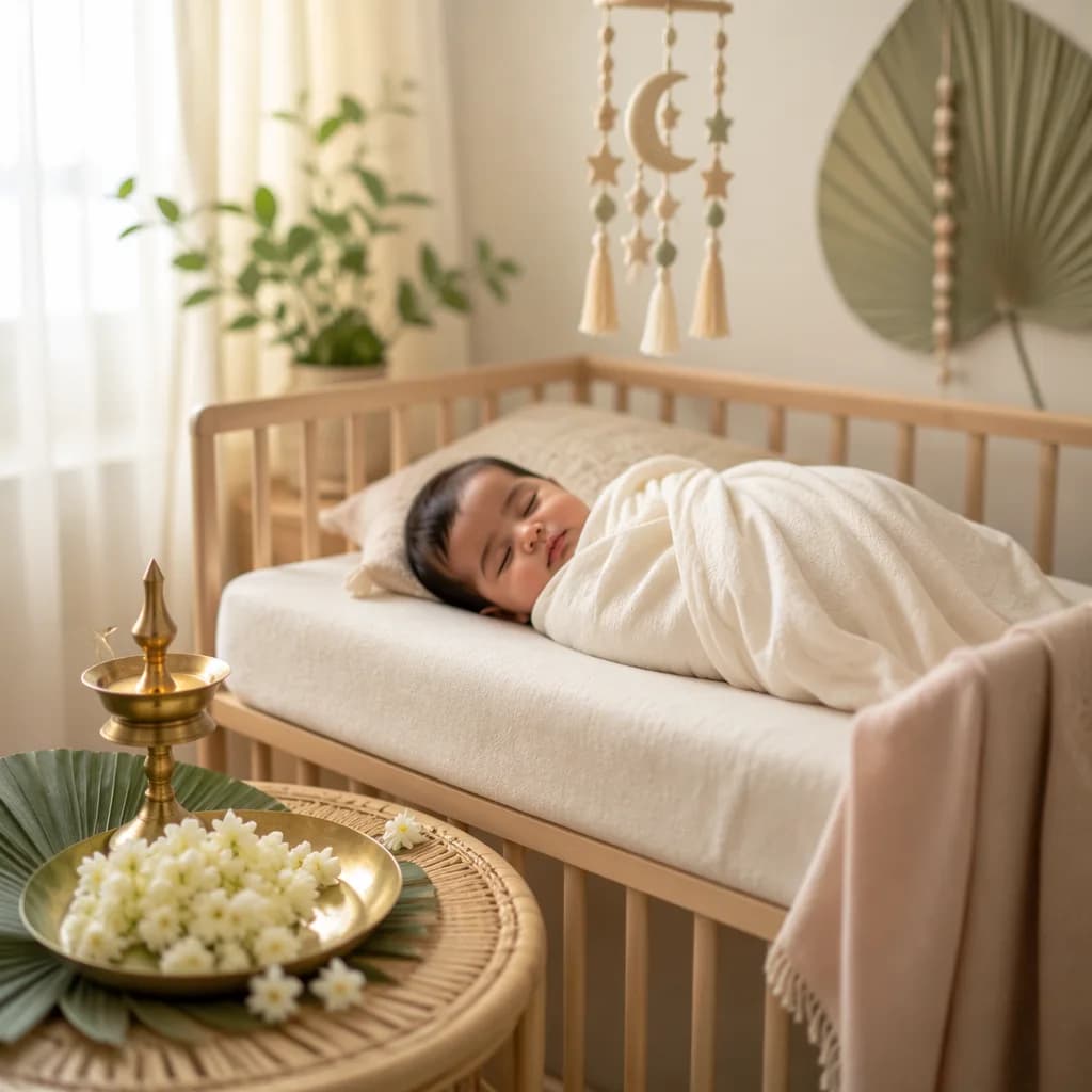A softly lit pastel nursery with a swaddled baby and gentle South Indian-inspired floral decor.