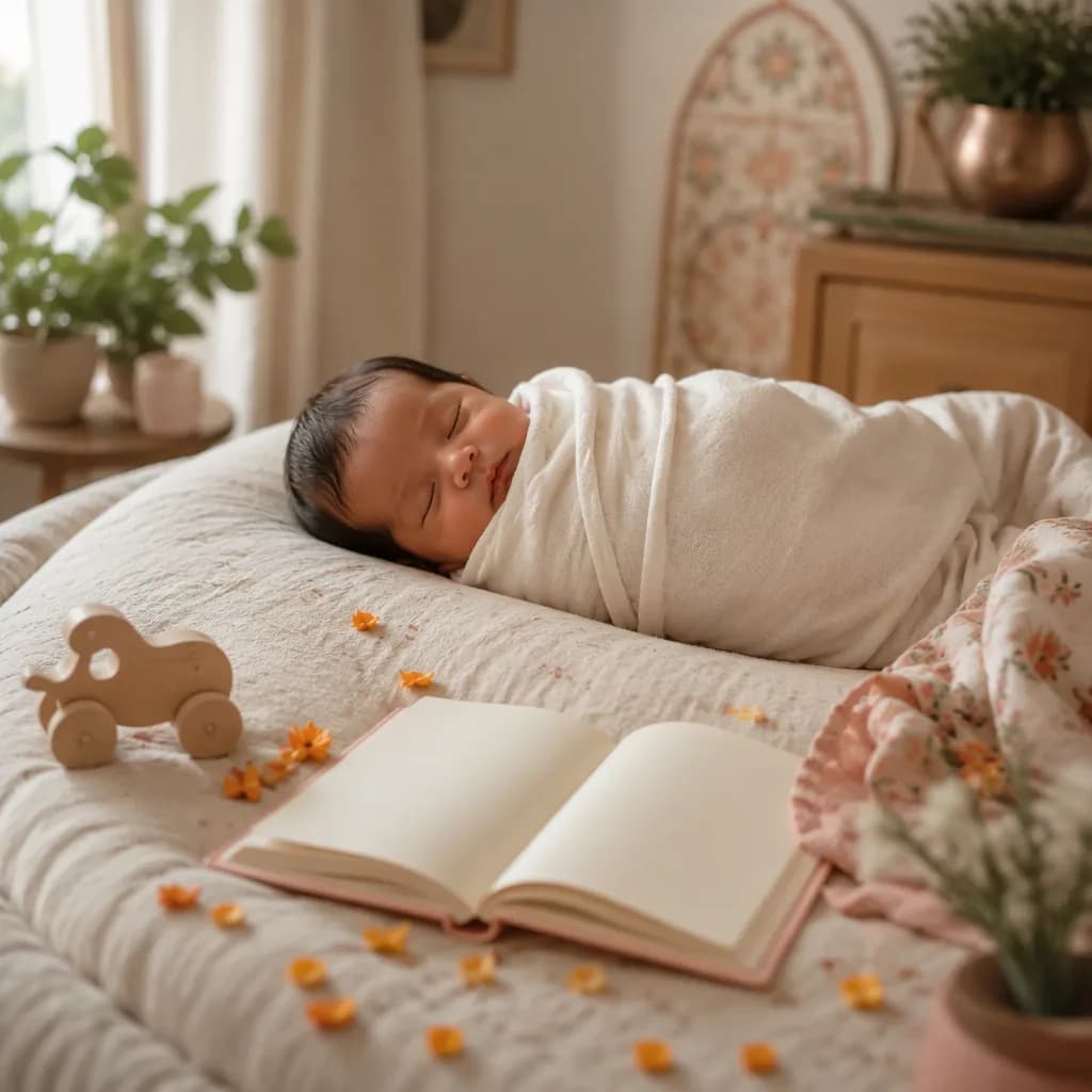 Sleeping baby in a soft pastel nursery with poetic Indian-inspired details.
