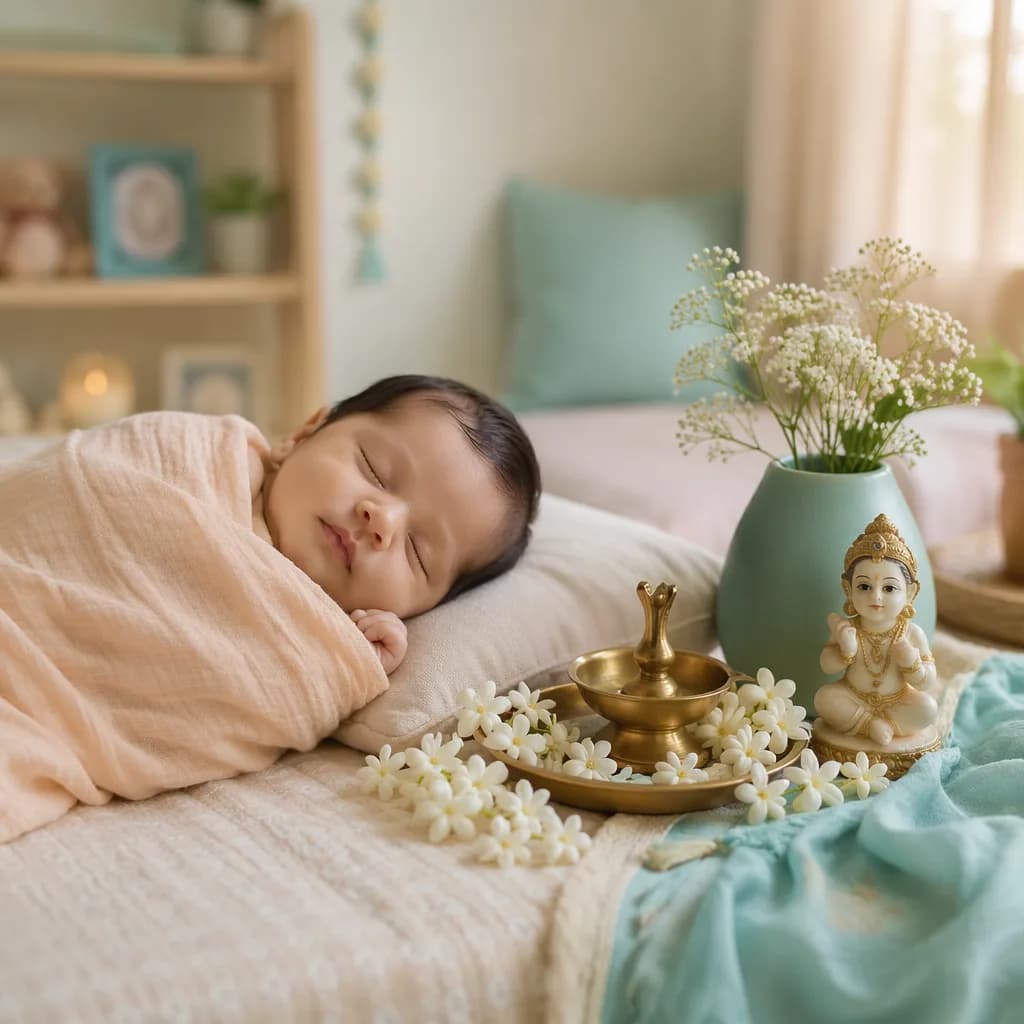 A peaceful baby sleeping in a pastel nursery with jasmine flowers and soft Indian-inspired accents.