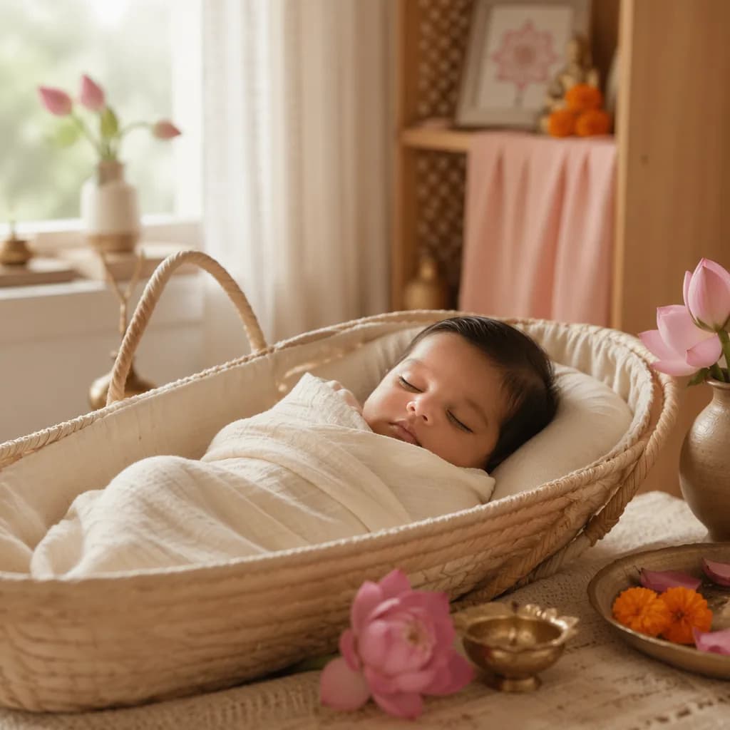 Sleeping baby in a soft pastel nursery with lotus and warm Indian-inspired accents.
