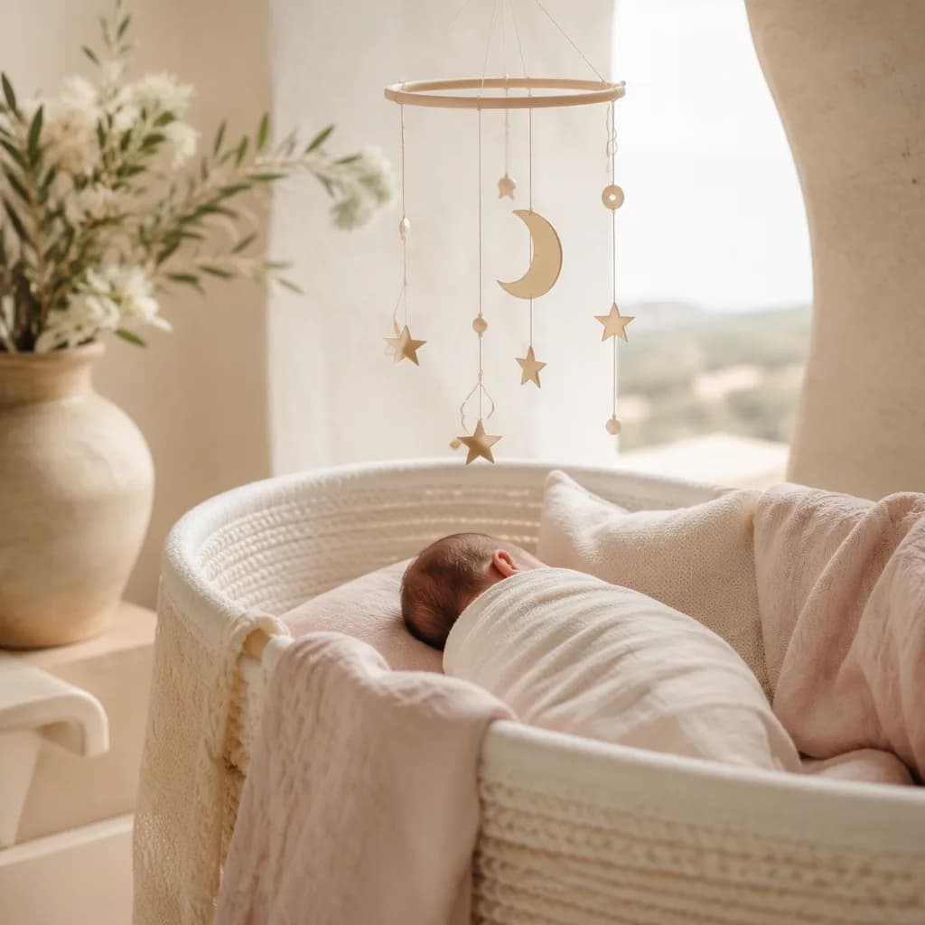 Soft pastel nursery scene with a peaceful baby bassinet and gentle star mobile.