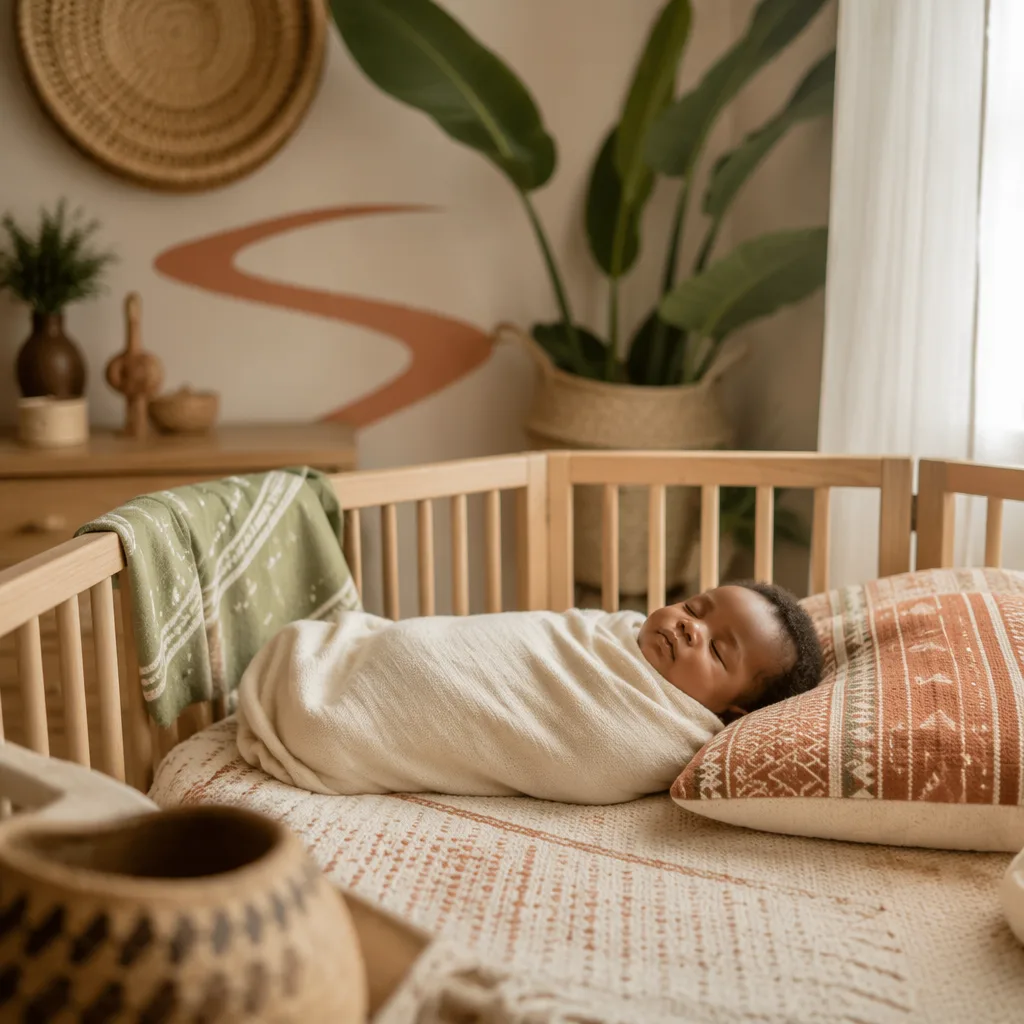 Peaceful Igbo-inspired nursery with a sleeping swaddled baby in soft morning light.