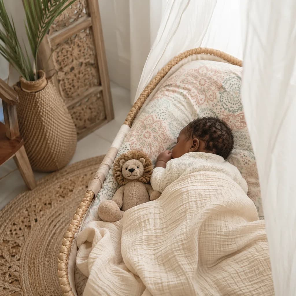 Sleeping baby in a soft Swahili-inspired nursery with a plush lion and woven accents.
