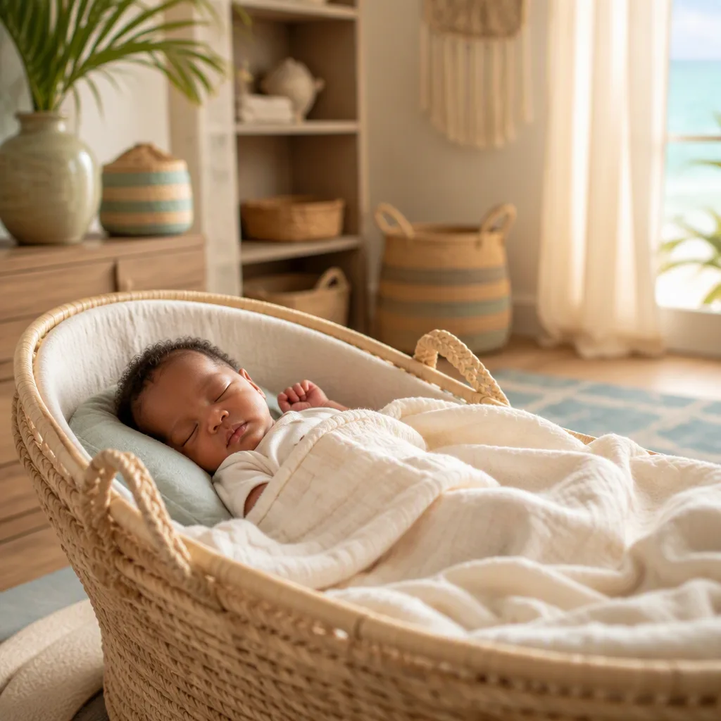 Sleeping baby in a soft Swahili-inspired pastel nursery with woven accents.