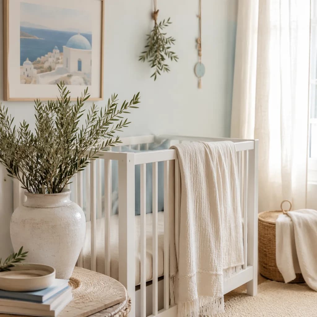 Soft Greek-inspired nursery still life with olive branches and pastel blue accents.