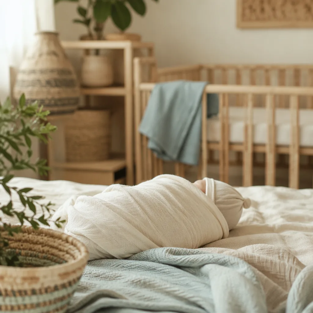 Peaceful swaddled baby in a warm, softly lit nursery with East African-inspired woven accents.