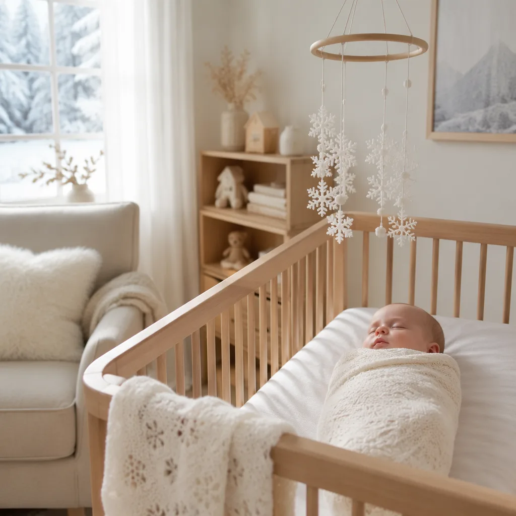 A peacefully swaddled baby in a soft pastel nursery with subtle snowflake decor.
