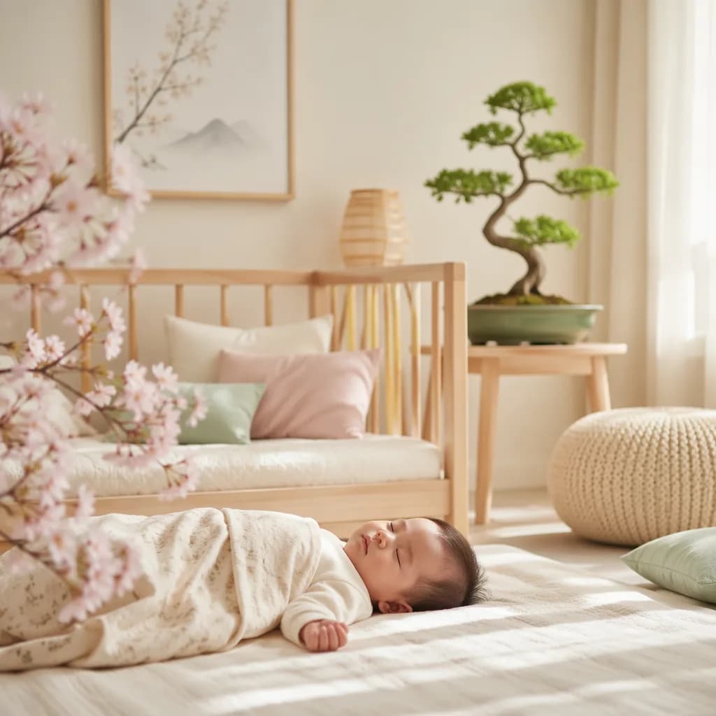 Peaceful baby nursery with soft light, spring blossoms, and a small young tree.
