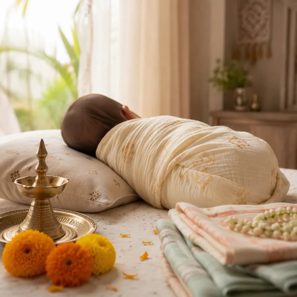 A peacefully swaddled baby in a soft pastel Hindi-inspired nursery with marigold accents.