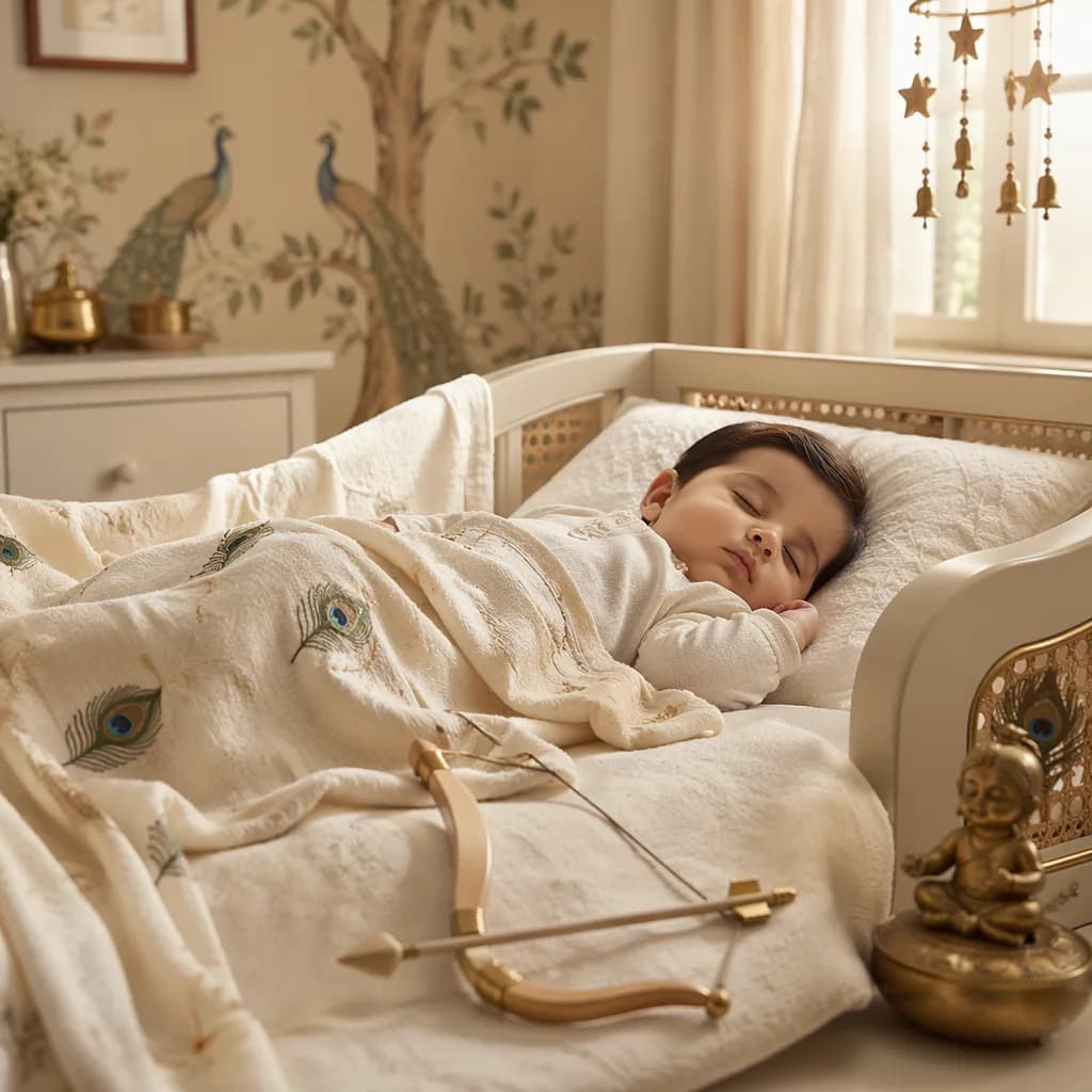 Peaceful Hindi baby nursery with soft Indian-inspired details and warm natural light.