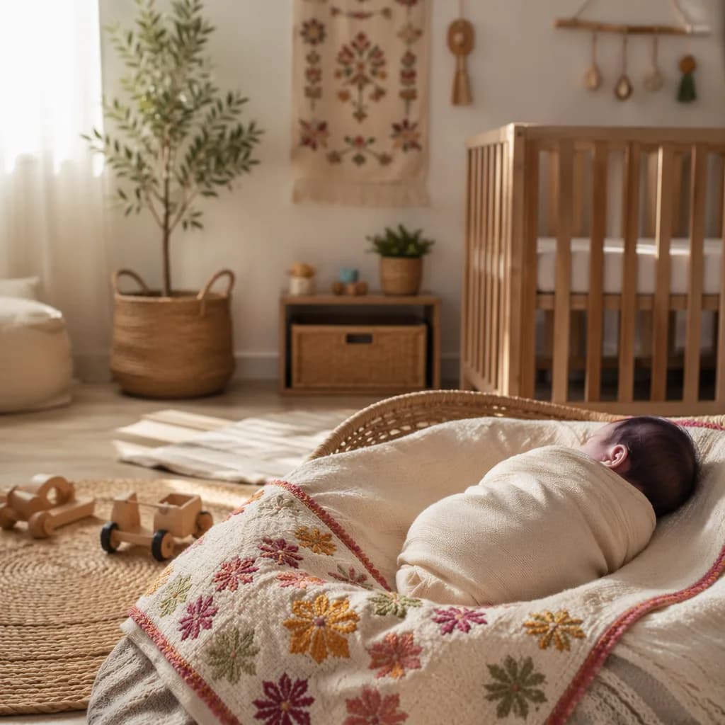 A peaceful Punjabi-inspired nursery with a swaddled sleeping baby in soft natural light.