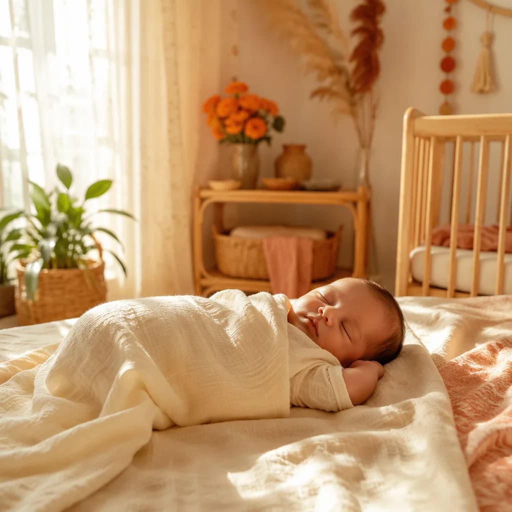 Peaceful newborn sleeping in a warm pastel nursery with soft natural light.