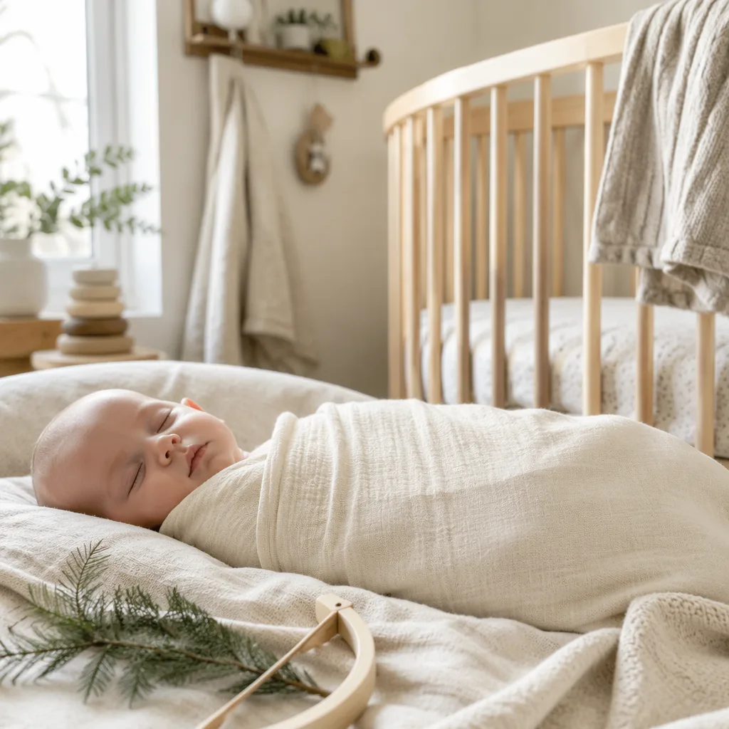 Sleeping baby in a soft Scandinavian nursery with subtle yew and wooden bow accents.