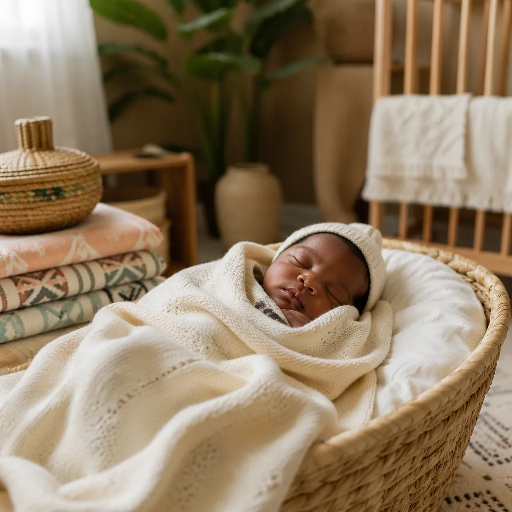 A peaceful newborn in a warm pastel nursery with subtle Yoruba-inspired decor.