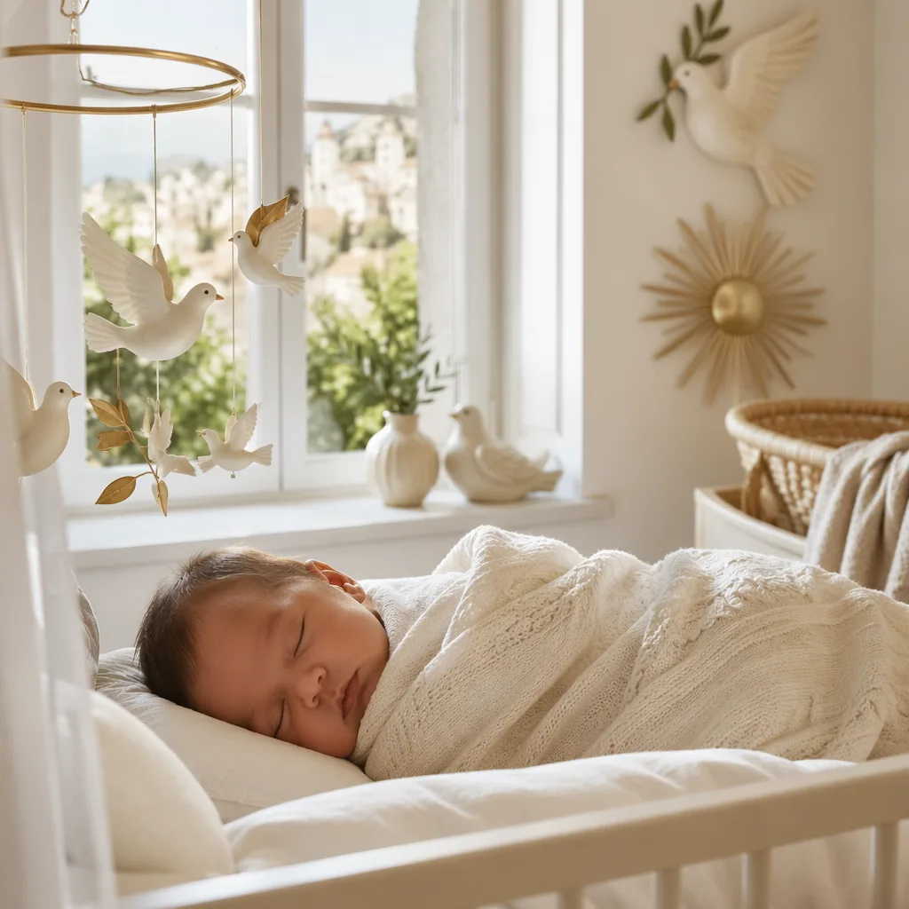 A peaceful Spanish-inspired nursery with a sleeping baby, soft golden accents, and dove decor.