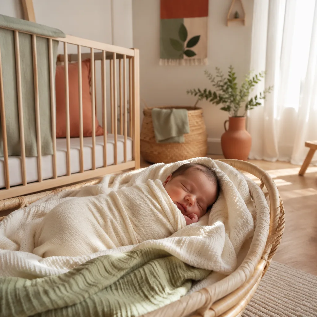 Sleeping baby in a warm pastel nursery with soft natural light and cozy Spanish-inspired decor.