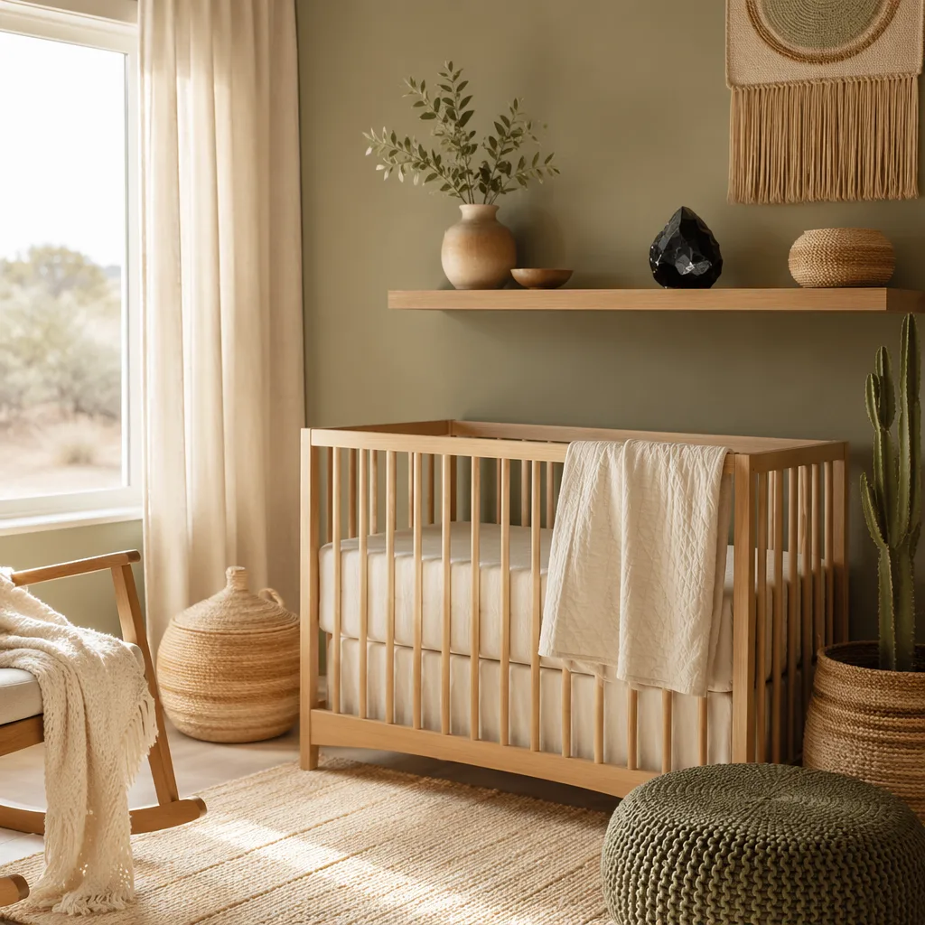 Cozy pastel nursery with natural textures and a polished obsidian stone accent.