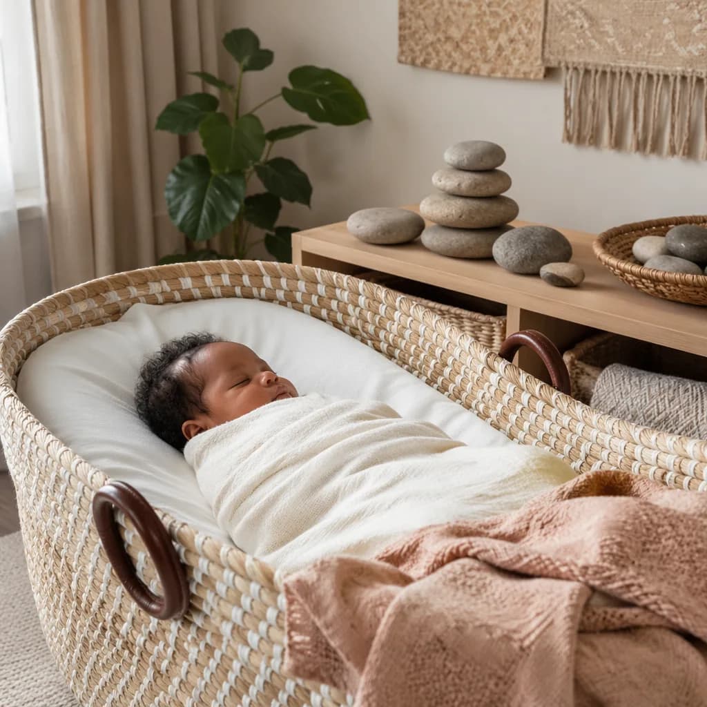Sleeping baby in a warm pastel nursery with woven textures and smooth stone decor.