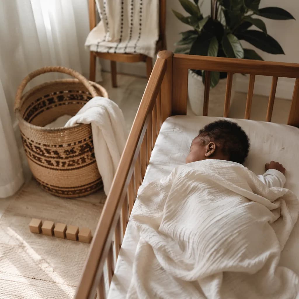 Peaceful Swahili-inspired nursery with a sleeping baby in soft natural light.