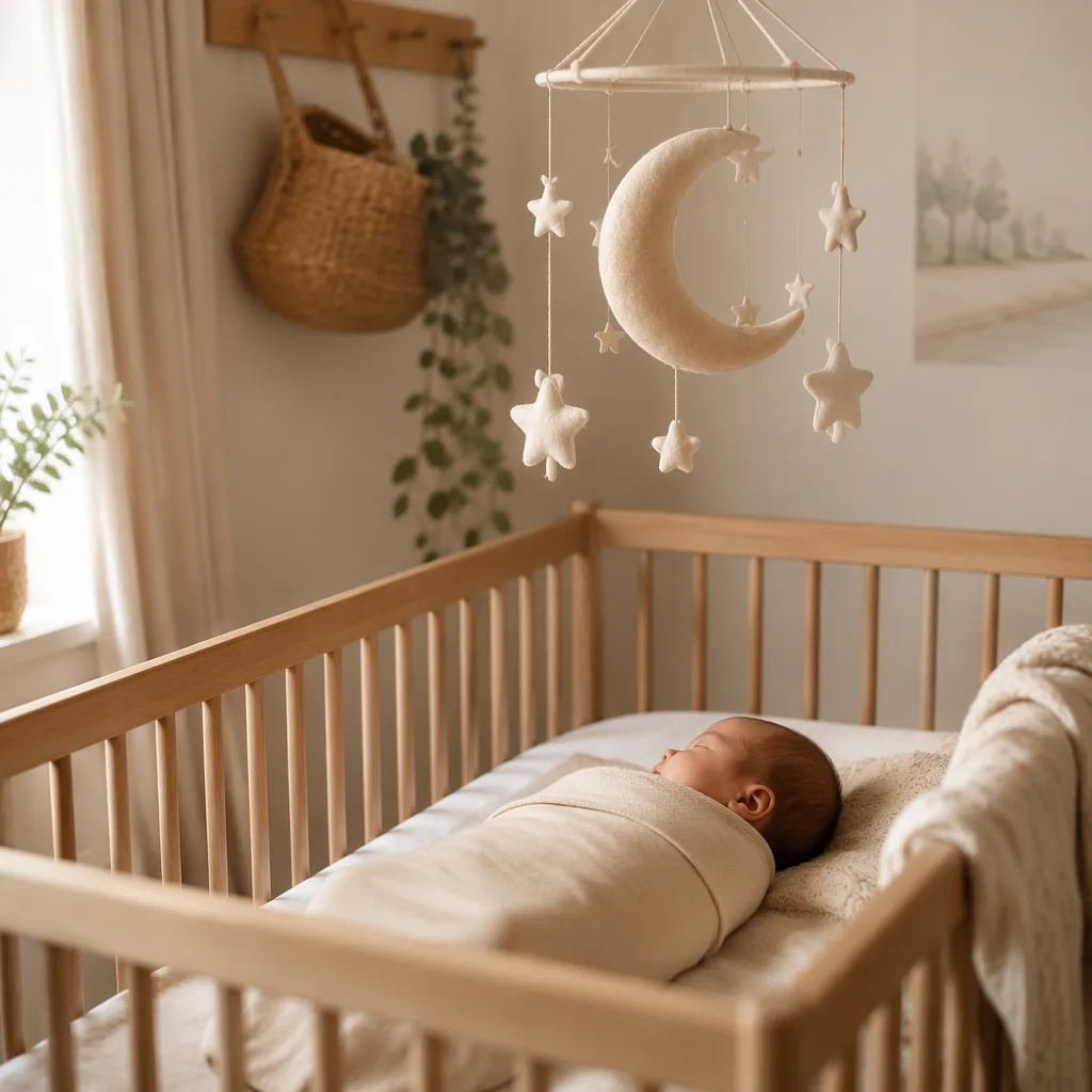 Sleeping swaddled baby in a cozy pastel nursery with a crescent moon mobile.