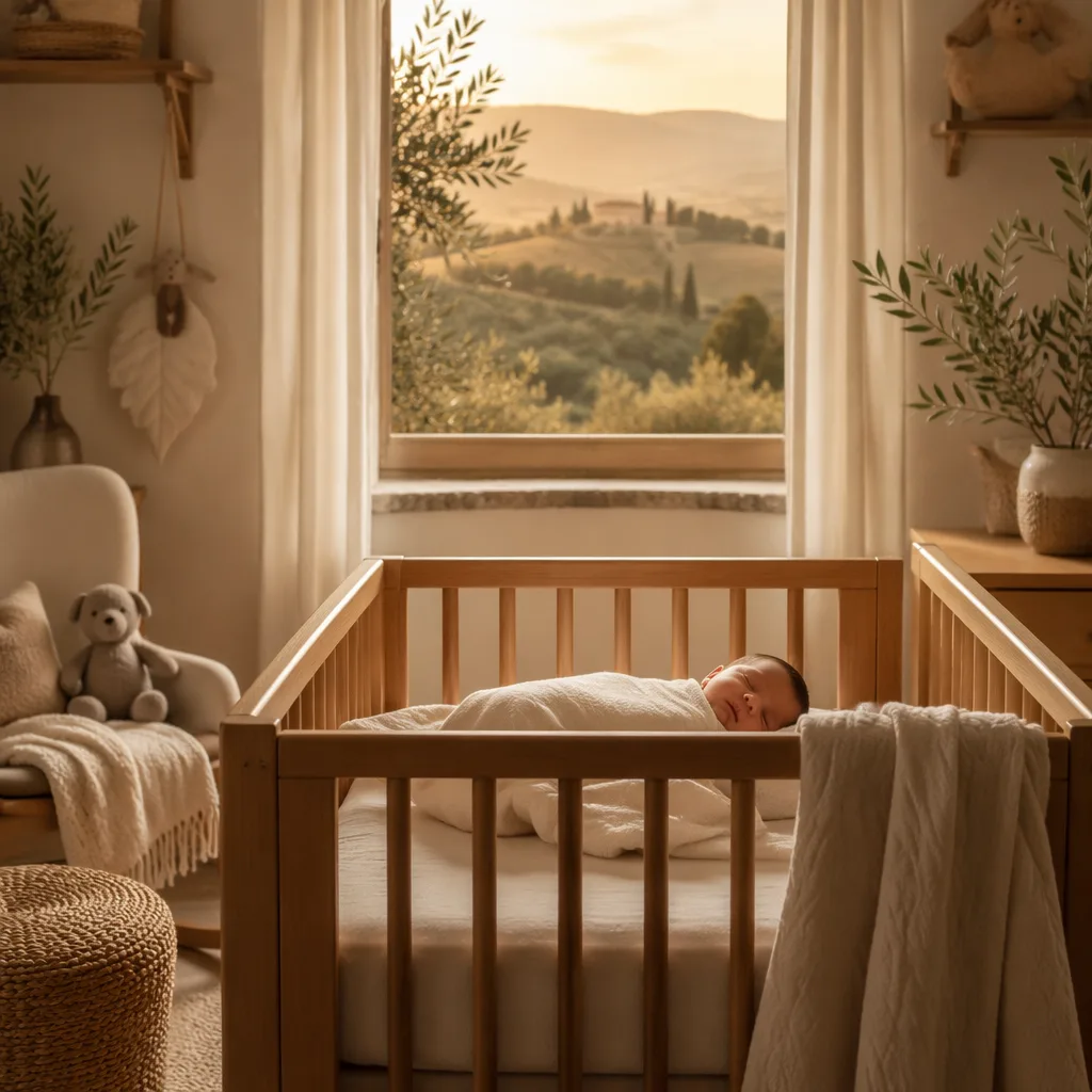 Sleeping newborn in a soft Italian-inspired woodland nursery.