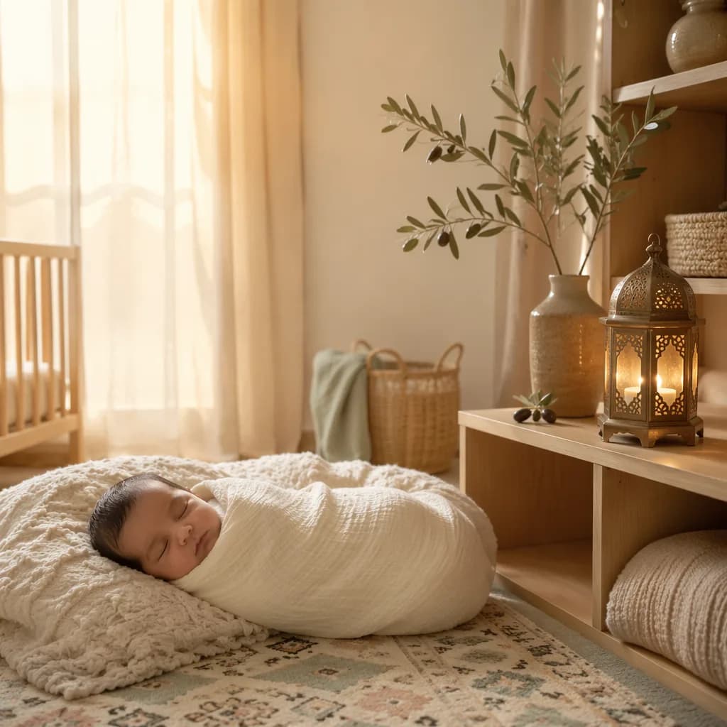 Sleeping newborn in a warm pastel nursery with soft light and subtle Arabic-inspired decor.