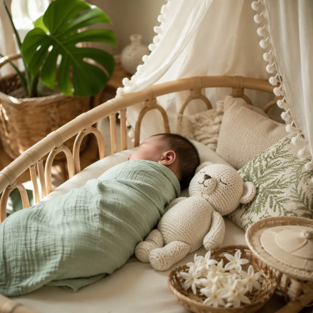 Filipino baby in a jade-green swaddle sleeping peacefully in a cozy pastel nursery.