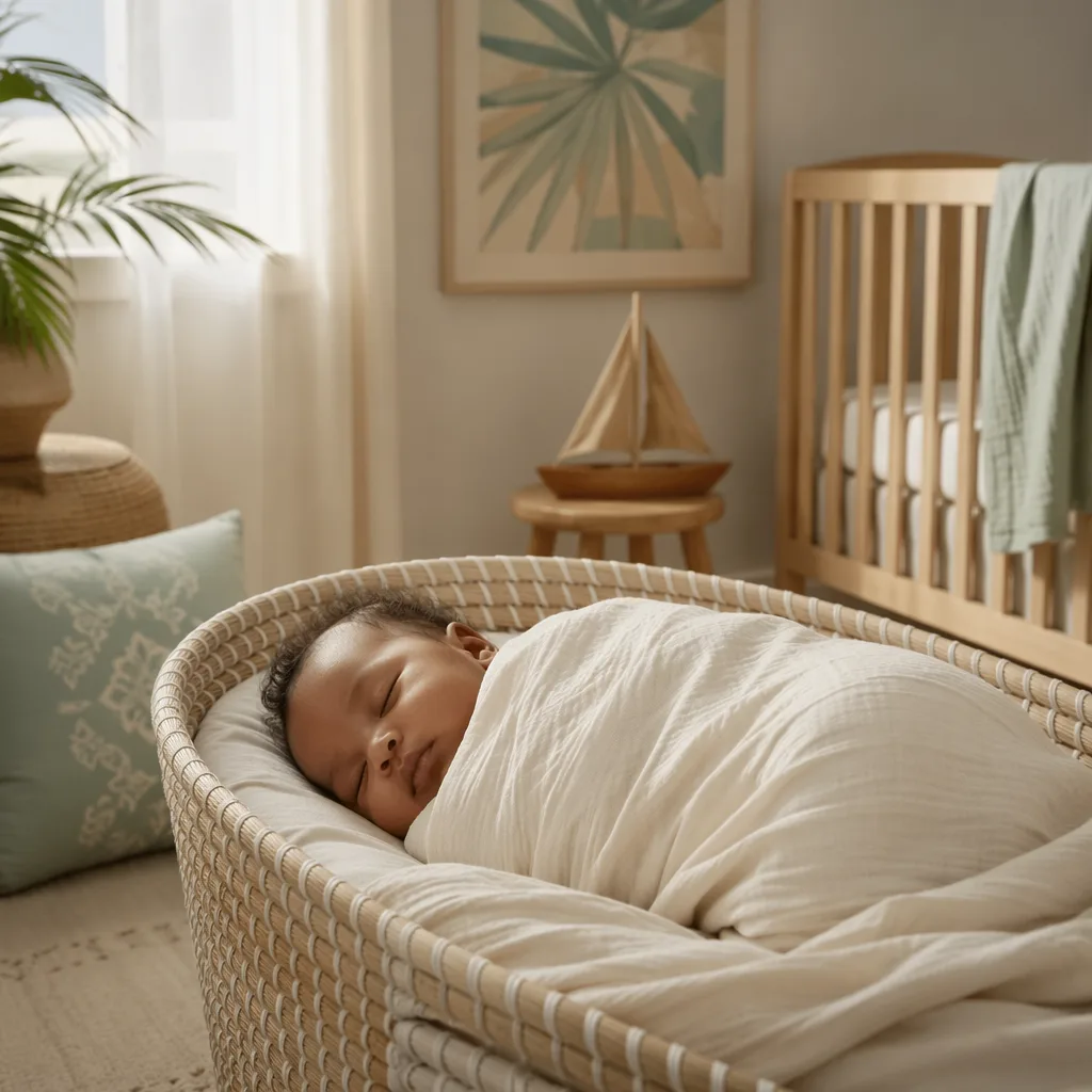 Sleeping baby in a warm pastel nursery with subtle Swahili coastal accents