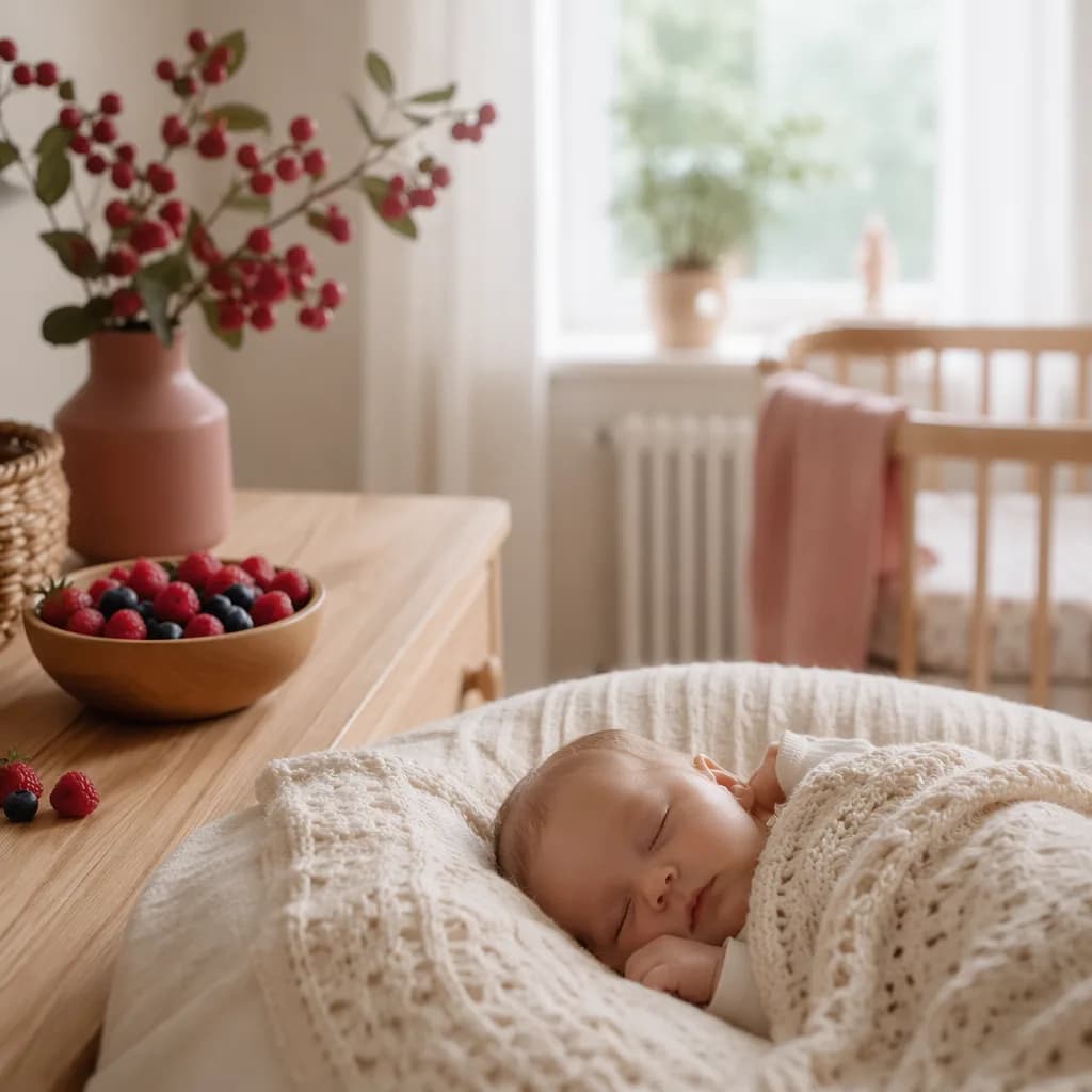 Cozy pastel nursery with a sleeping baby and a bowl of berries.