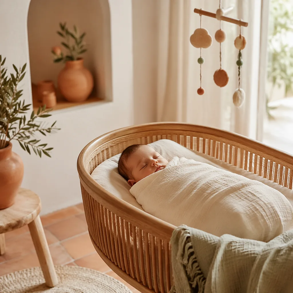 Sleeping baby in a warm Spanish-inspired nursery with soft pastel decor.