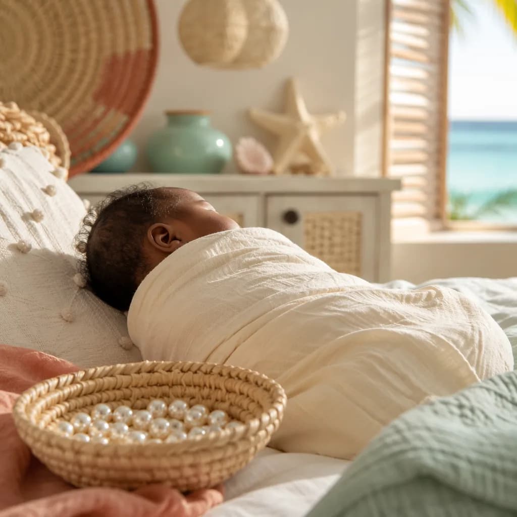 Sleeping swaddled baby in a soft pastel nursery with pearl-inspired decor.