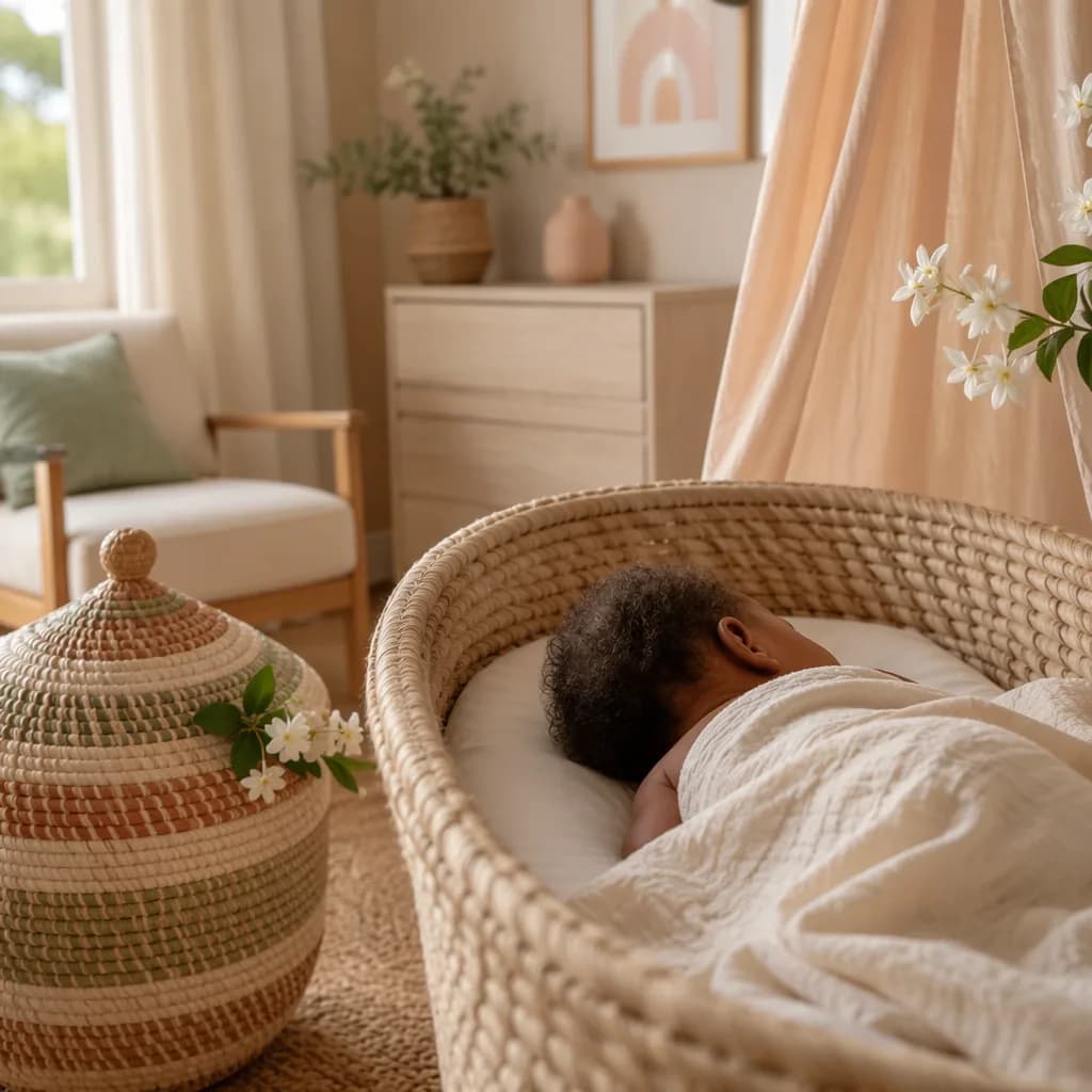 Soft pastel nursery scene with a sleeping baby in a woven bassinet and jasmine flowers.