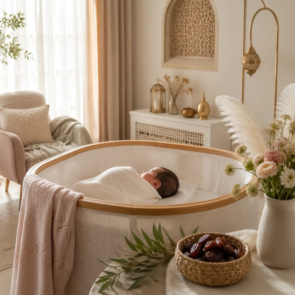 Soft pastel nursery with a sleeping baby, dates, greenery, and angelic decor symbolizing Jana Malak Farhat.