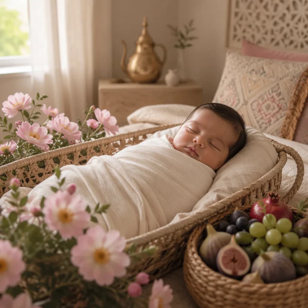 Sleeping swaddled baby in a soft nursery with pastel roses and a small fruit basket.