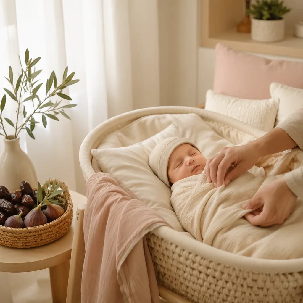 A softly lit nursery with a swaddled baby and a small basket of dates and figs.