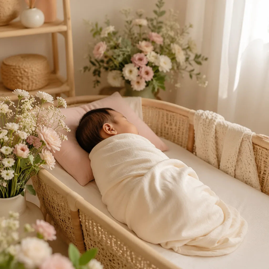 Filipino baby sleeping in a cozy pastel nursery with soft flowers and natural light.