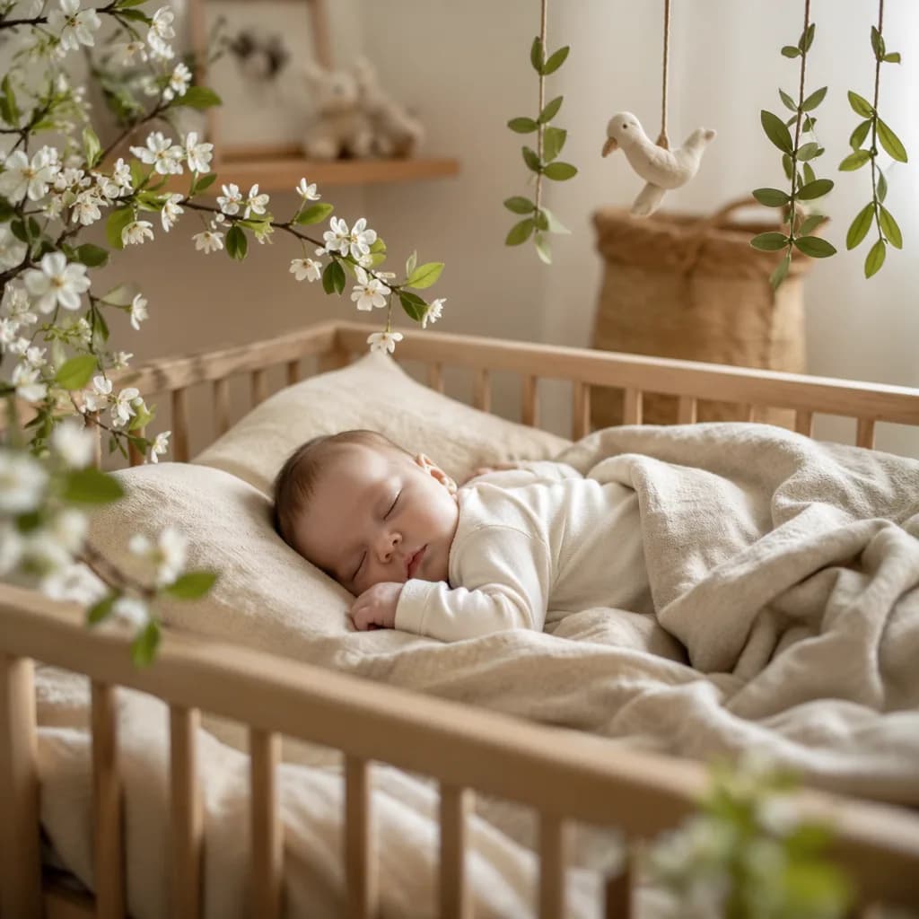 Sleeping baby in a soft pastel nursery with spring greenery and peaceful decor.