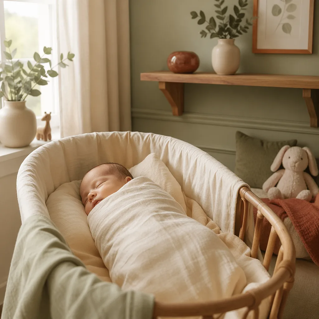 A softly lit nursery with a swaddled baby, jasper stone, and laurel sprig.