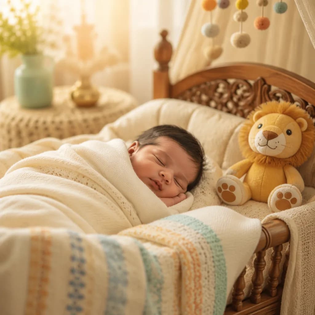 A peaceful Punjabi baby nursery with a sleeping baby, soft pastel blankets, and a plush lion toy in warm natural light.