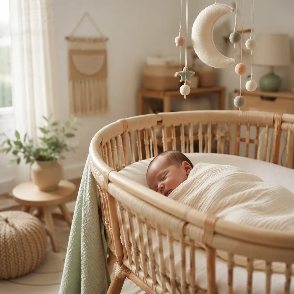 Sleeping newborn in a cozy moon-themed nursery with soft pastel light.