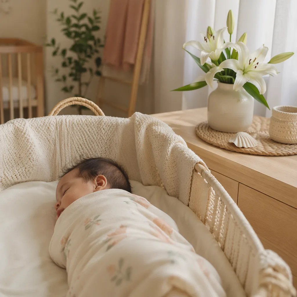 A peaceful Filipino baby in a soft pastel nursery with lilies and a seashell nearby.