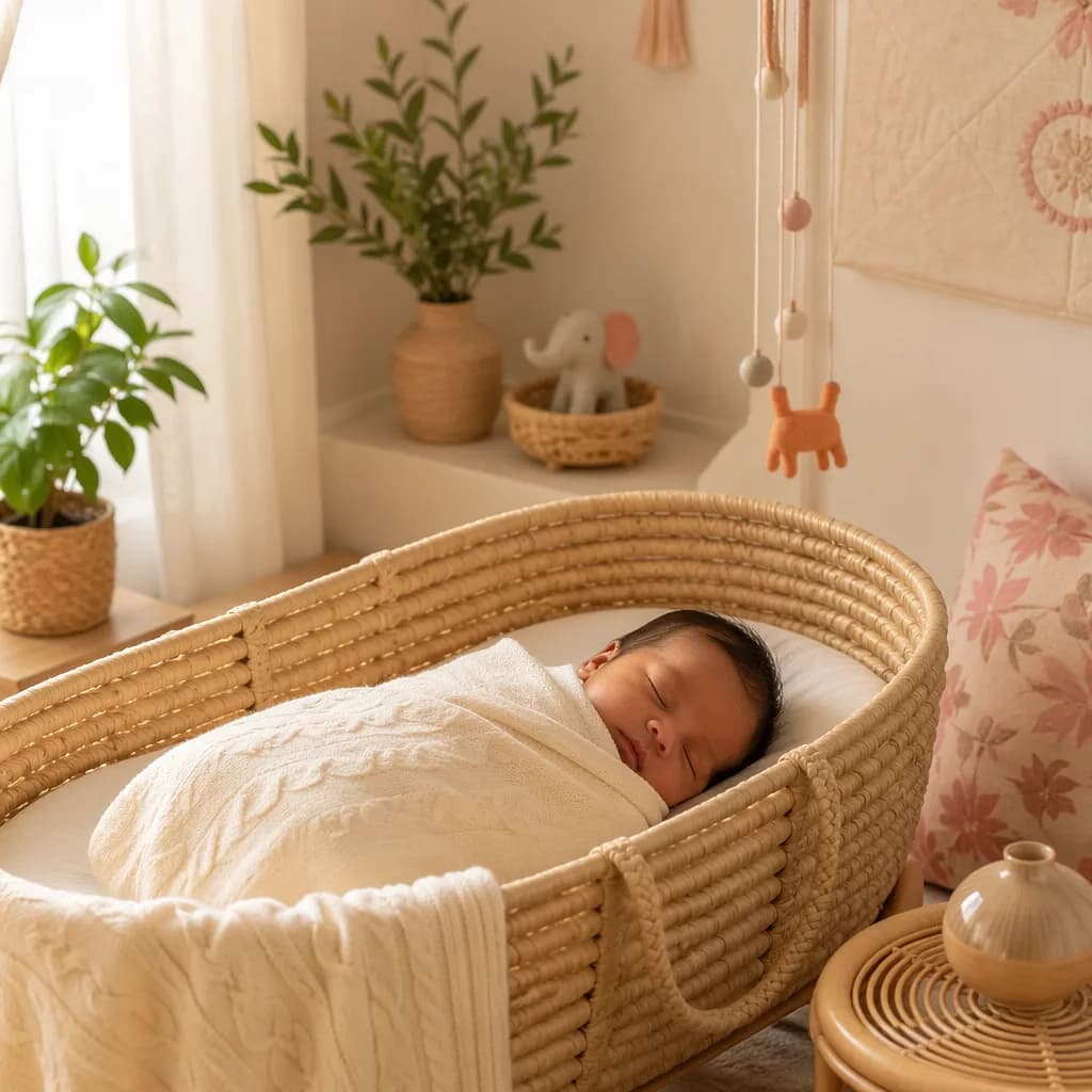 Sleeping baby in a soft nursery with gentle greenery symbolizing life.