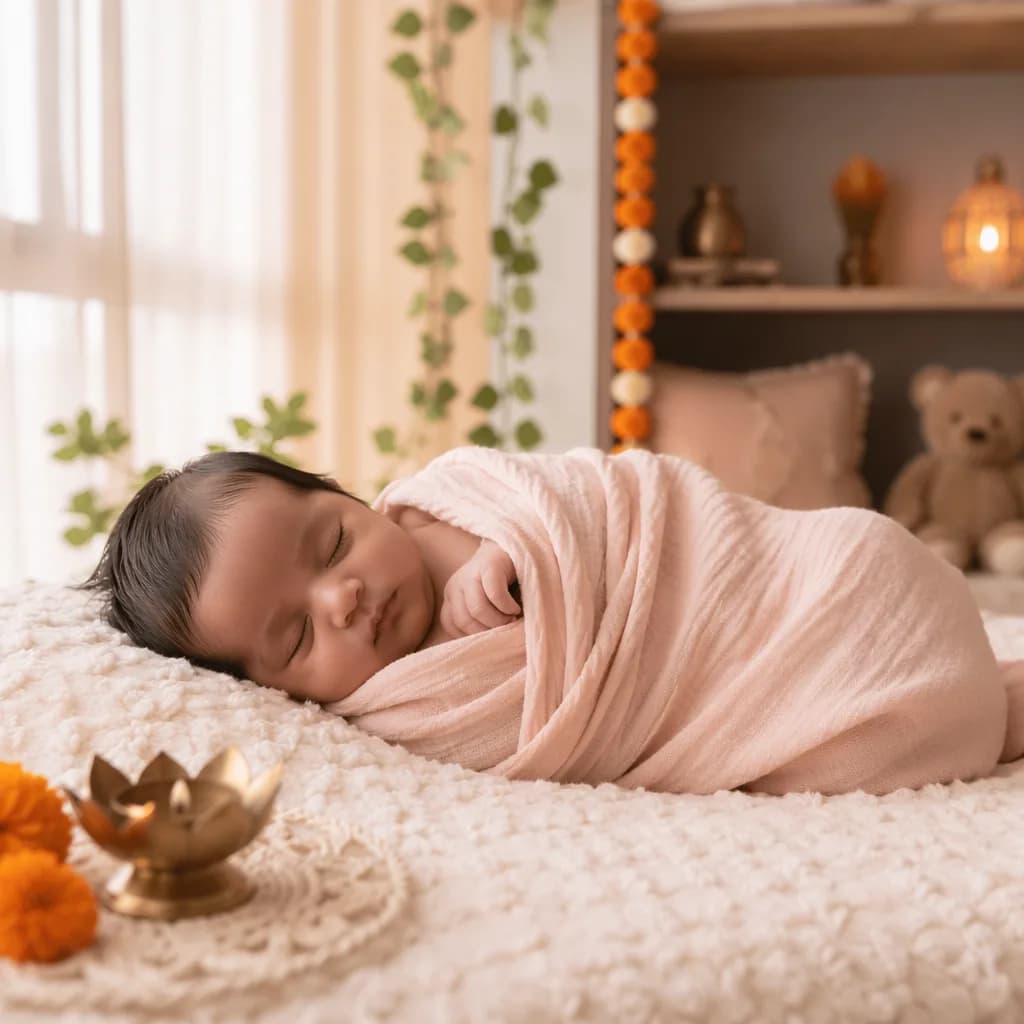 Sleeping baby in a soft pastel nursery with gentle Indian-inspired decor.