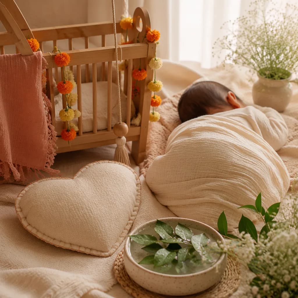 A softly lit cozy nursery with a swaddled baby, heart pillow, and dewy green leaves.