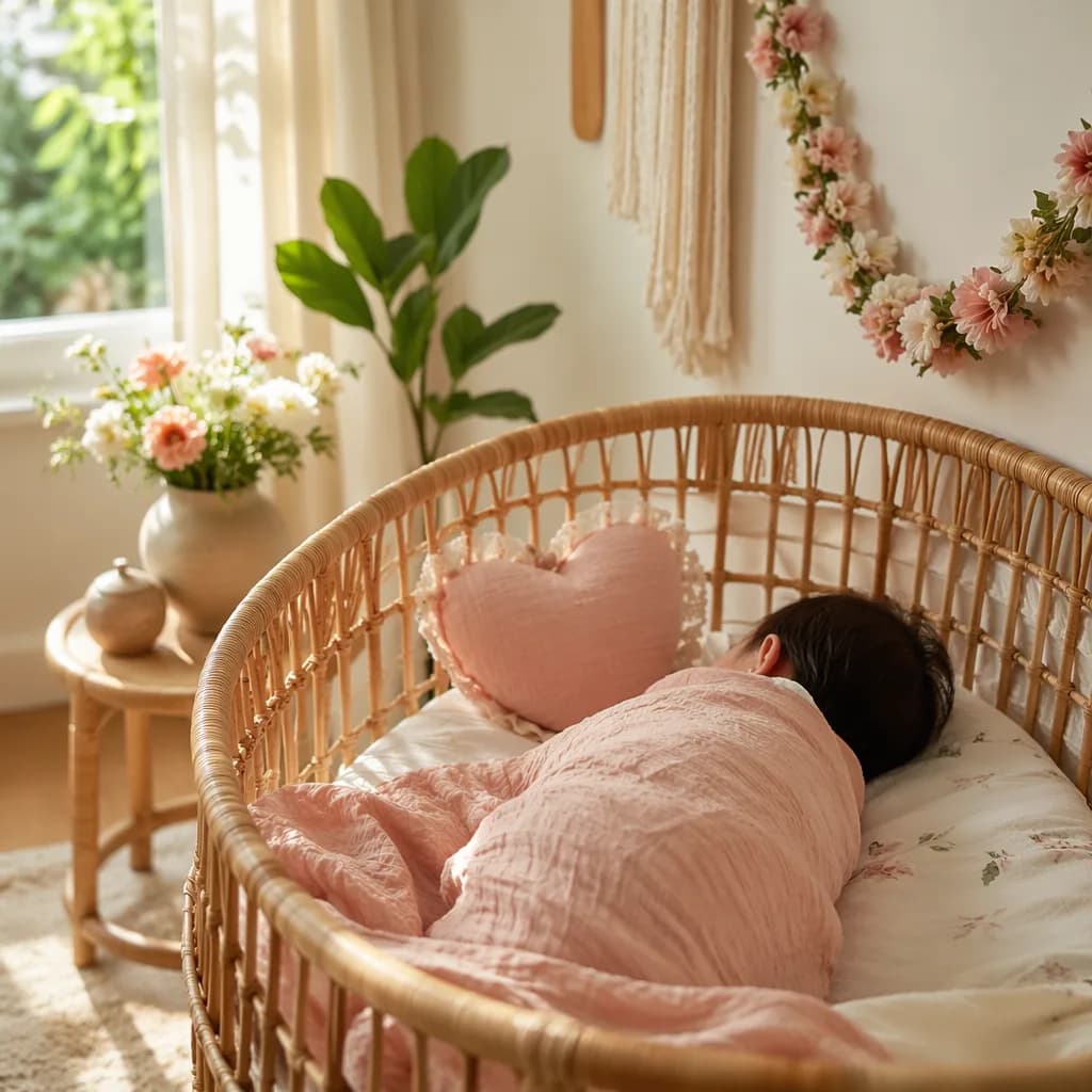 Soft pastel nursery with a sleeping baby in a cozy bassinet, evoking warmth, heart and gentleness.