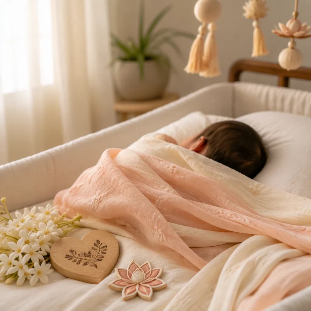 Peaceful baby in a soft pastel nursery with jasmine, lotus, and heart-shaped keepsake.