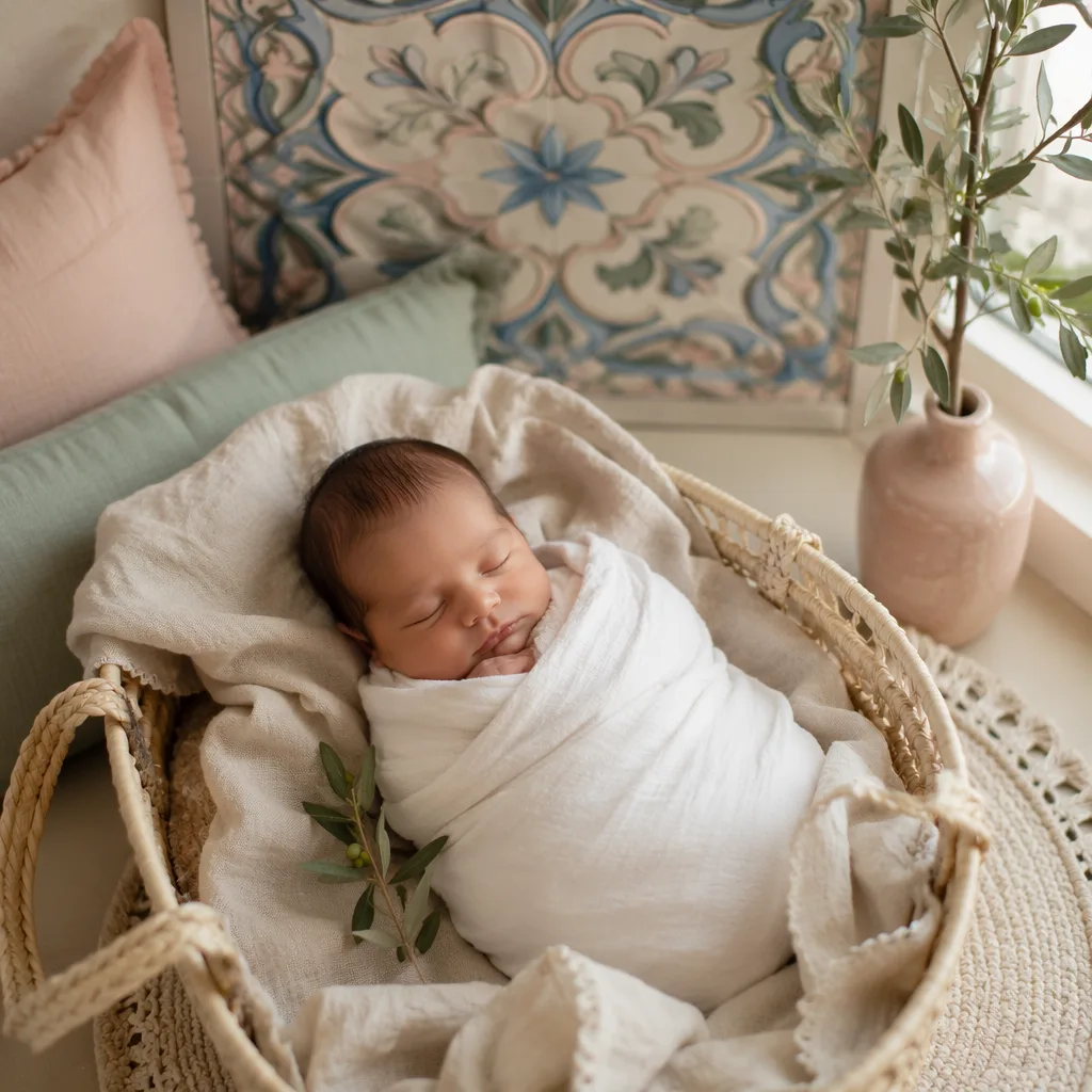 A peaceful Portuguese-inspired nursery scene with a swaddled sleeping baby in soft natural light.