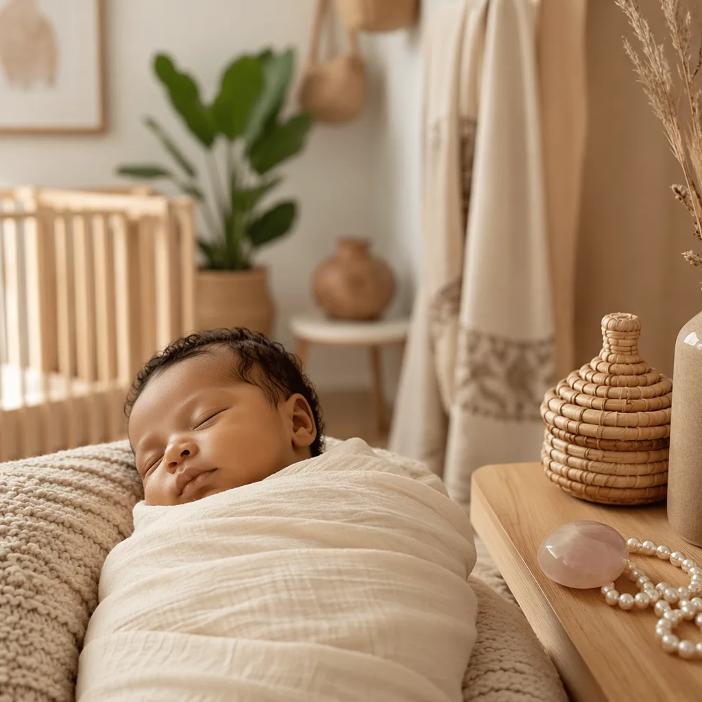 A peaceful nursery scene with a sleeping baby and soft jewel-inspired details.